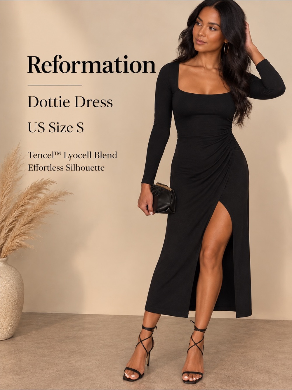 Reformation Dottie Black Long Sleeve Ruched Midi Dress Size S